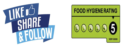 like share and follow banner, food hygiene rating 5
