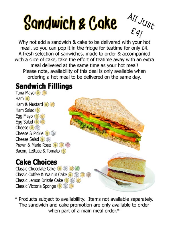 Sandwich and Cake Menu for Fishers Kitchen