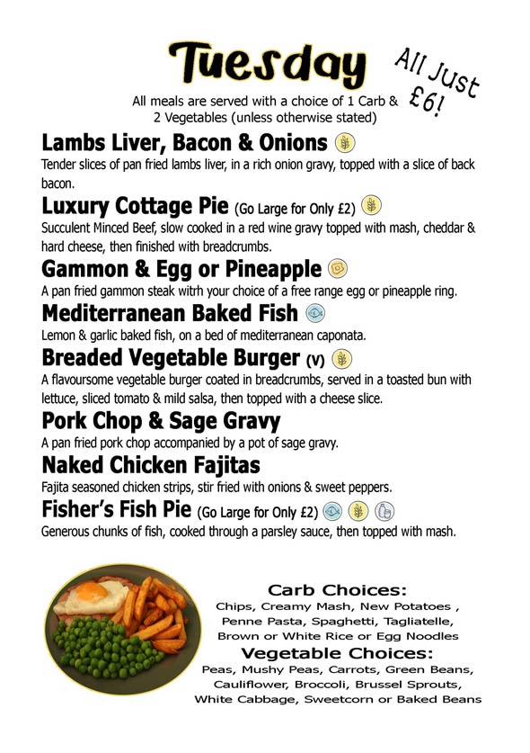 Tuesday Menu for Fishers Kitchen